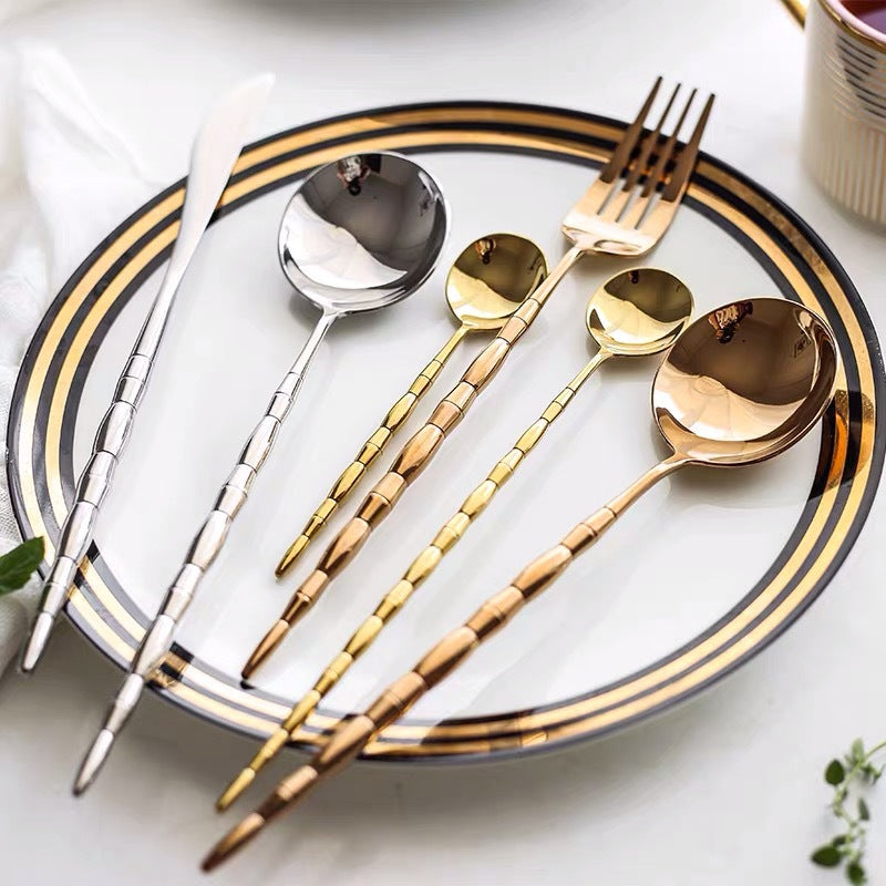 Bamboo Inspired Stainless Steel Dinnerware Cutlery with Steak Knife Option