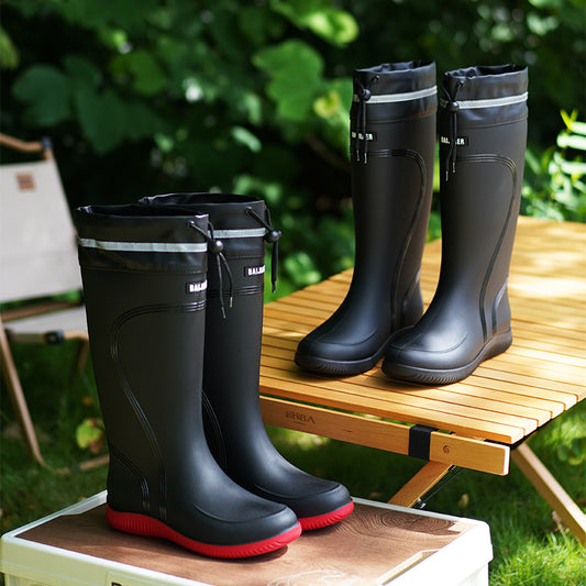 Outdoor Knee-High Non-slip Drawstring Rain Boots with Reflective Light Strip