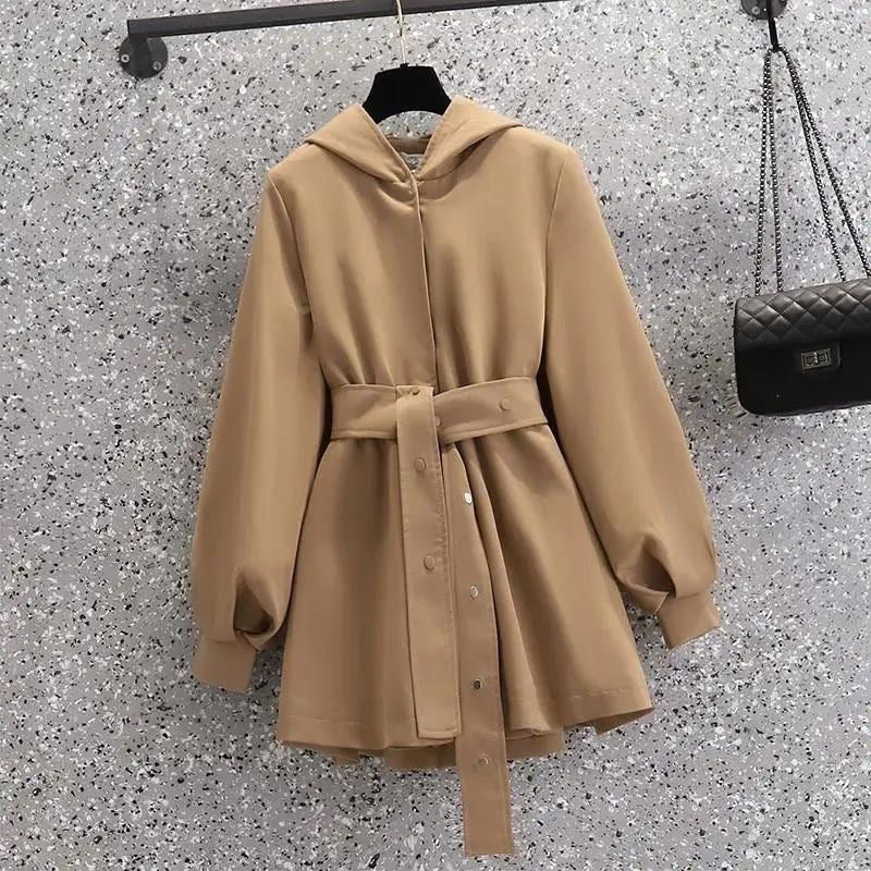 Women's Windbreaker Hooded Rain Trench Coat Khaki / Black