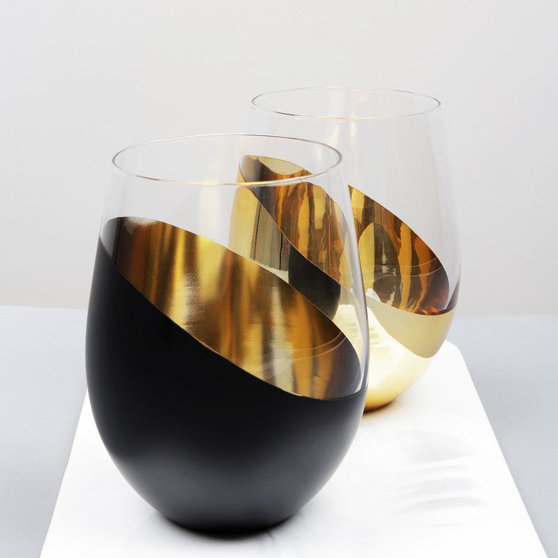 Elegant Modern Stemless Brush Gold Matte Black Transparent Wine, Liquor, Whiskey Drinking Glass Fine Dining Entertainment