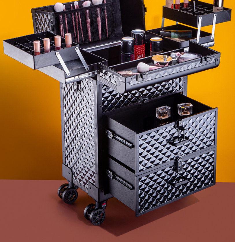 Luxury Aluminium Makeup Hair Stylist Artist Beauty Product Storage Trolley Box