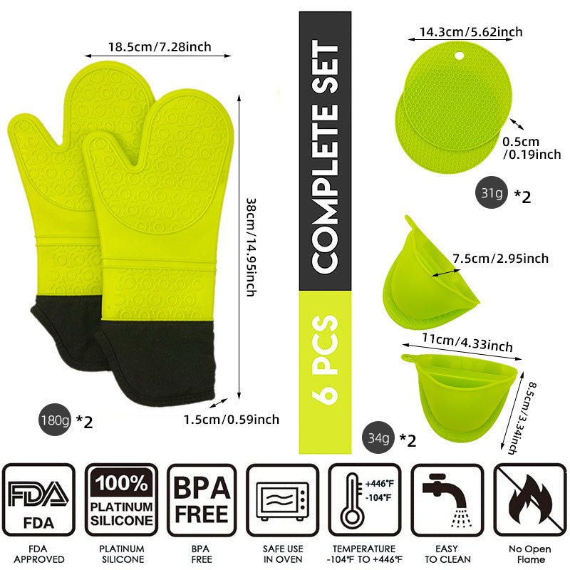 Thick Silicone, Versatile, 6 Piece Heat Insulated Oven Gloves, Honeycomb Pads / Mats & Finger Grip Mitts