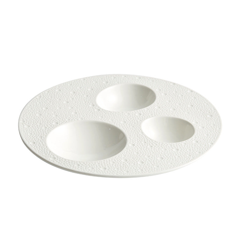 Unique Embossed White Ceramic Serving Dish - 3 Section Partition Bowls Plate