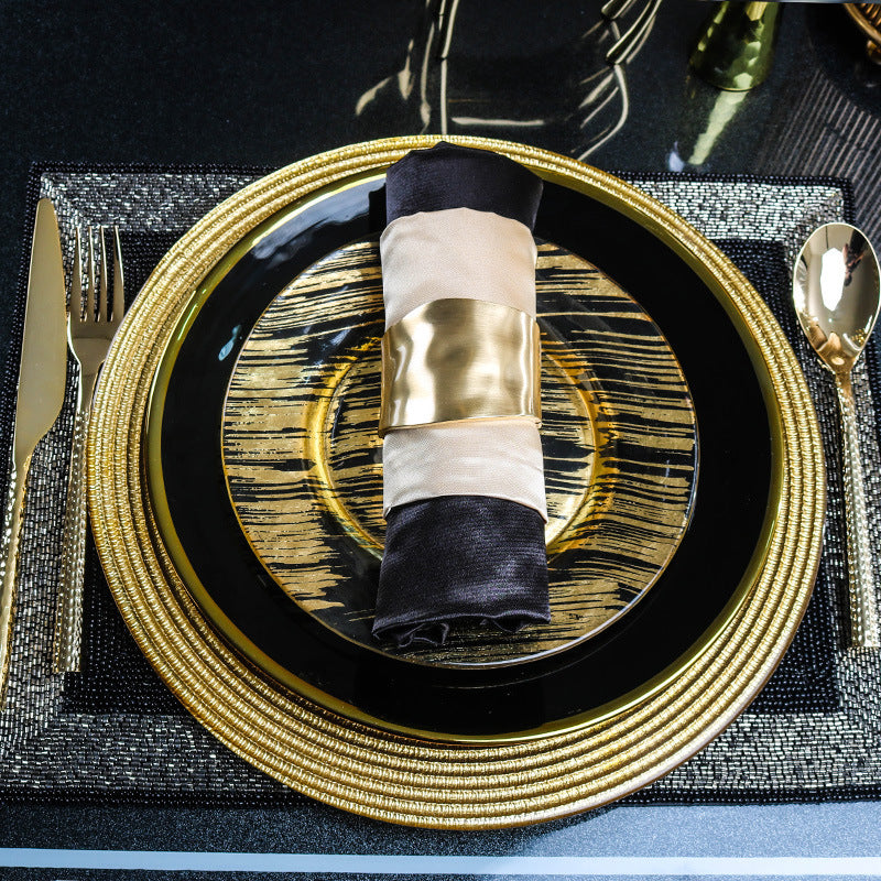 Fancy Glass & Bone China Tableware Set in a Black, Gold & Transparent Colour Scheme