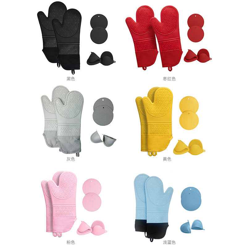 Thick Silicone, Versatile, 6 Piece Heat Insulated Oven Gloves, Honeycomb Pads / Mats & Finger Grip Mitts