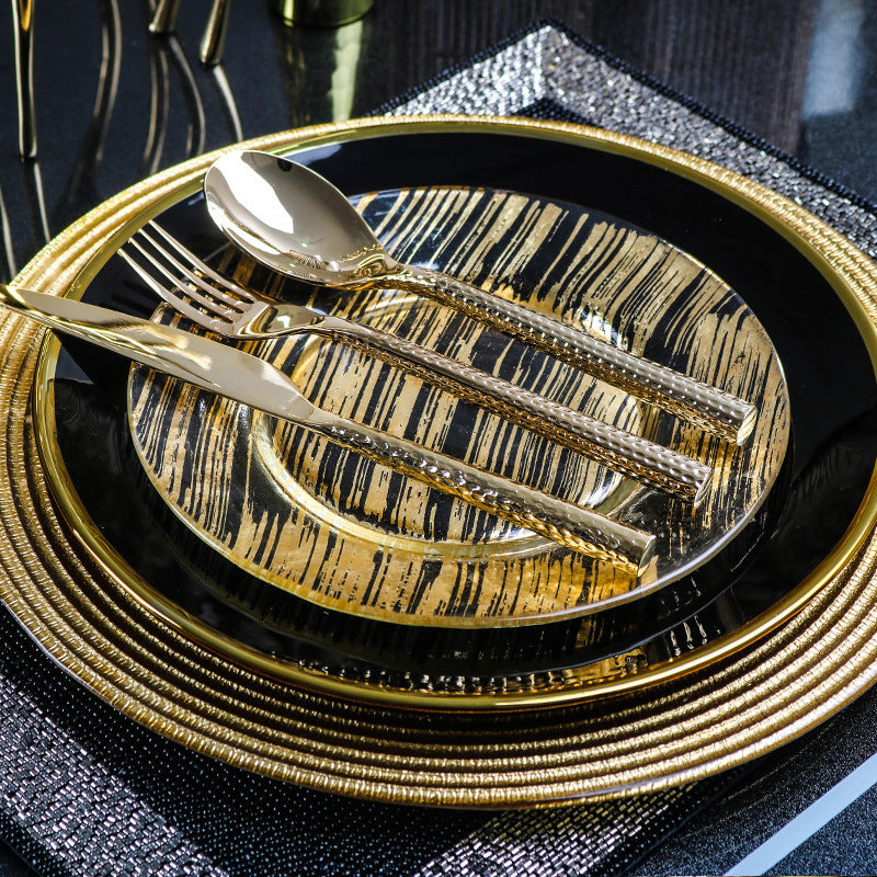 Fancy Glass & Bone China Tableware Set in a Black, Gold & Transparent Colour Scheme