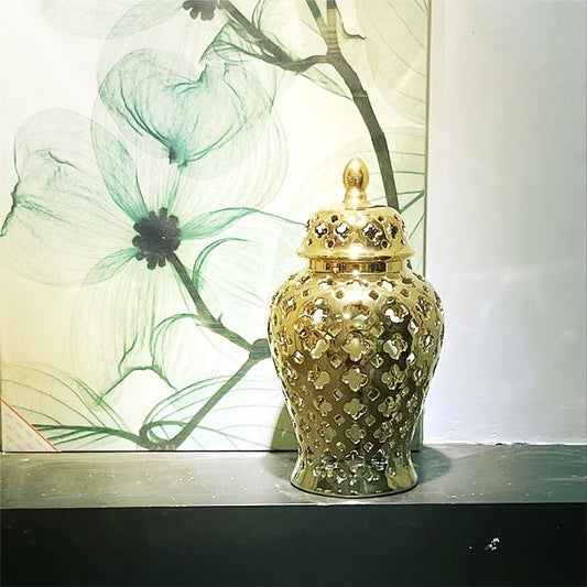 Gold Electroplated Luxury Ceramic Hollow Counter Table Top Flower Vase