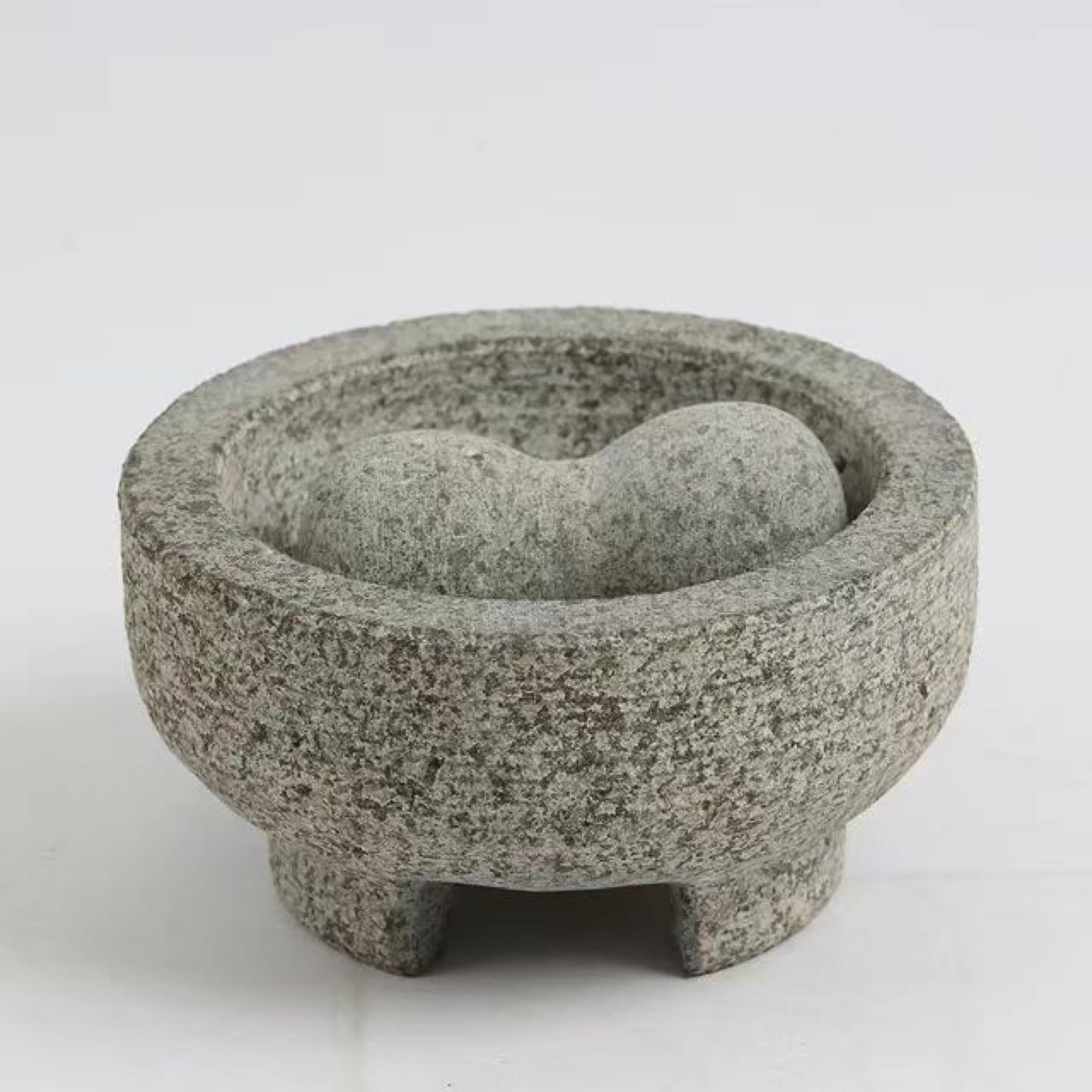 Large Three Legged Pestle And Mortar Granite Bowl Grinder Set with Gorgeous Embossing