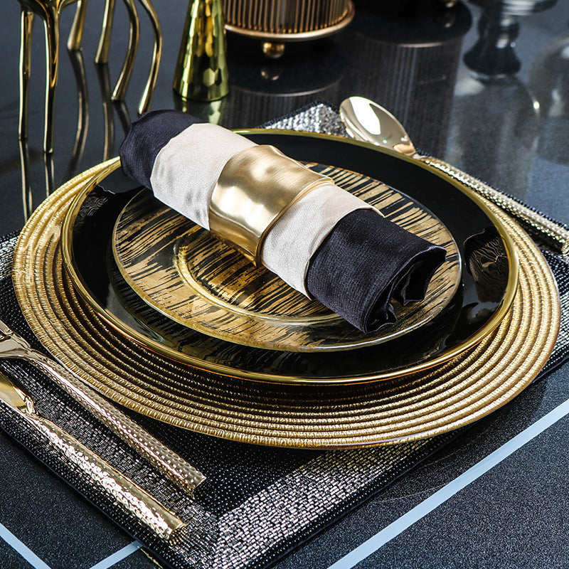 Fancy Glass & Bone China Tableware Set in a Black, Gold & Transparent Colour Scheme