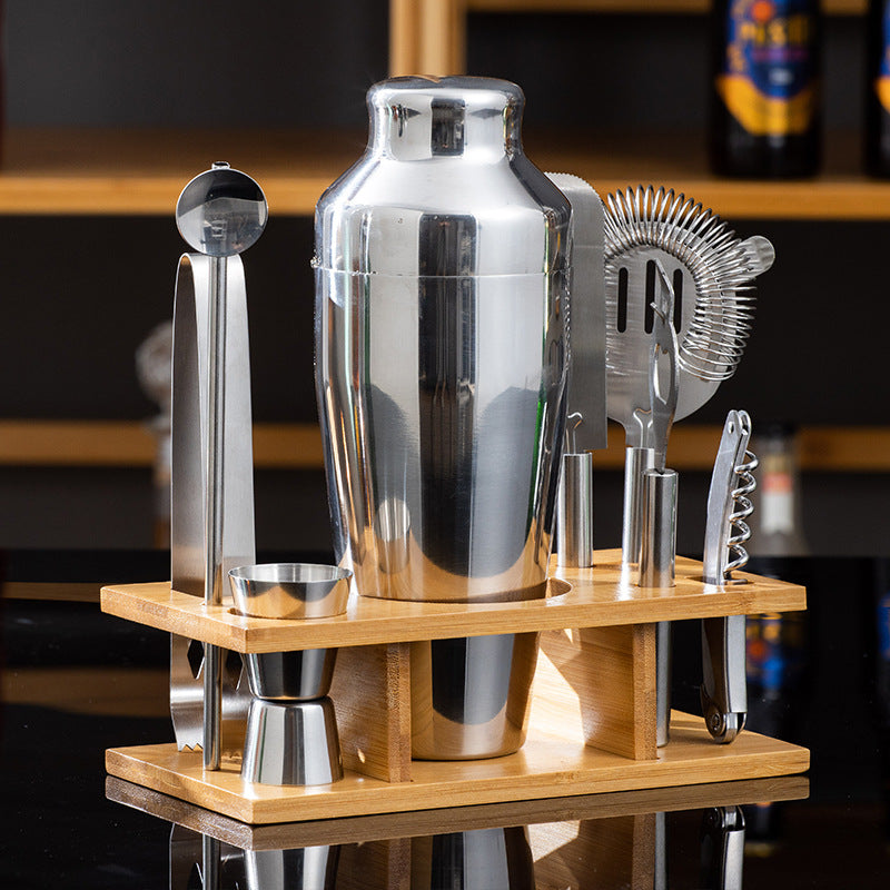 Stainless Steel Bartending Cocktail Set Wooden Base 9-Piece