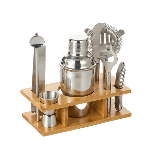 Stainless Steel Bartending Cocktail Set Wooden Base 9-Piece