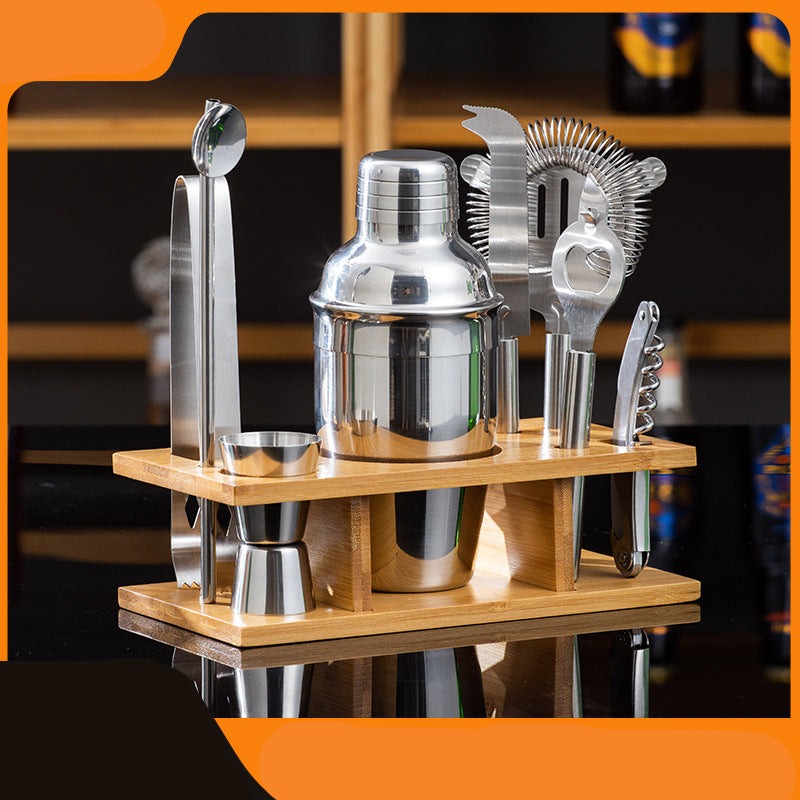 Stainless Steel Bartending Cocktail Set Wooden Base 9-Piece