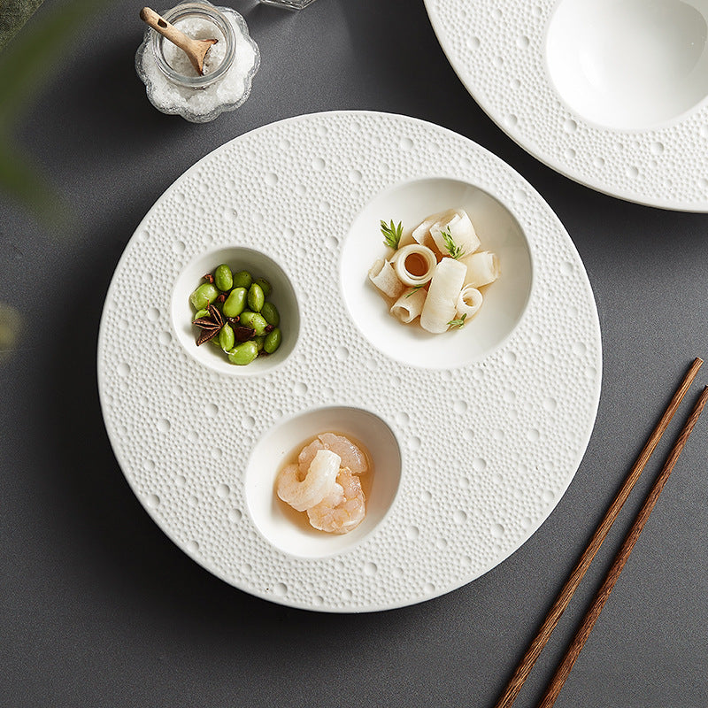 Unique Embossed White Ceramic Serving Dish - 3 Section Partition Bowls Plate