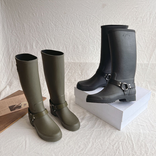 Mid Calf Knight Style Waterproof Boots with Ankle Buckle