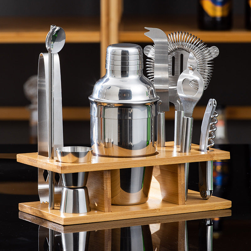 Stainless Steel Bartending Cocktail Set Wooden Base 9-Piece