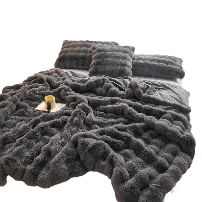 Double Sided Luxurious Rabbit Fur Feel Velvet Blanket Fleece Bed Cover