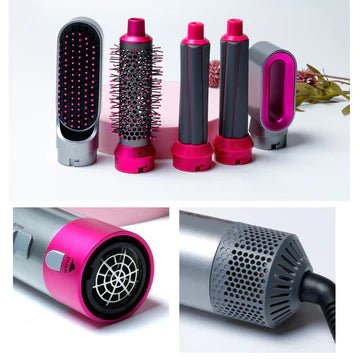 Premium Quality Ultra Feminine Pink and Silver New Hair Dryer: 5-in-1 Dryer Brush Comb Curler Set Upgraded Version