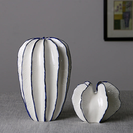 Exquisite White Ceramic Round or Tall Vase in Starfruit Shape with Blue Trim