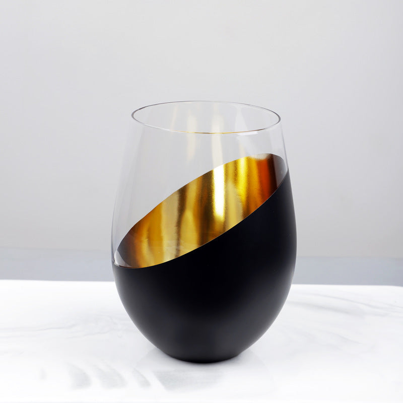 Elegant Modern Stemless Brush Gold Matte Black Transparent Wine, Liquor, Whiskey Drinking Glass Fine Dining Entertainment