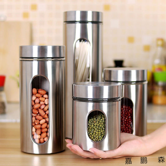 Stainless Steel Visible Glass Sealed Storage Tank for Miscellaneous Grain, Tea, Food, Kitchen Supplies