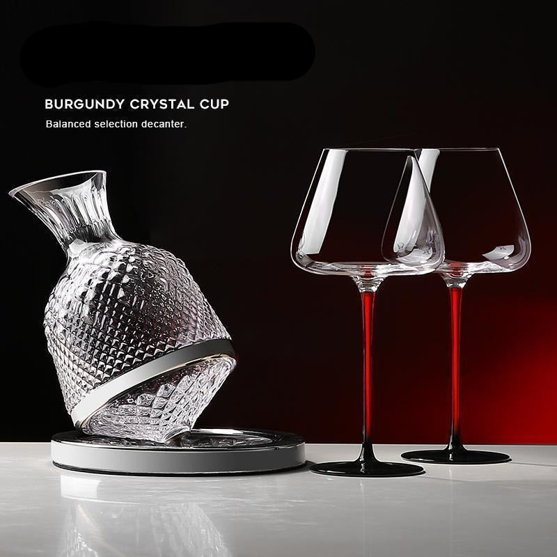 Visually Stunning Crystal Red-Burgundy Ombre Stem Wine Glass & Revolving Decanter Premium Set