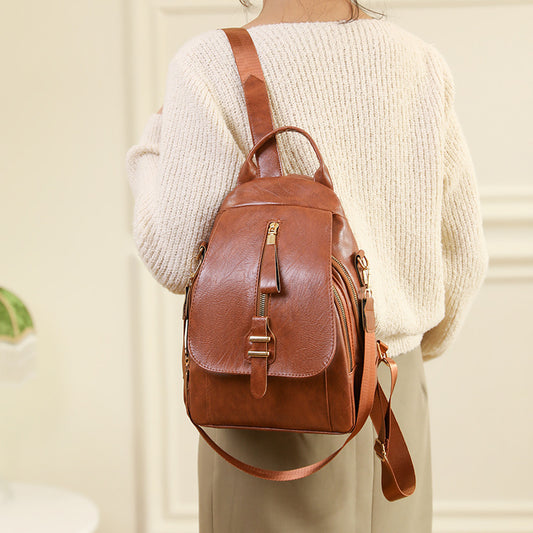 Women's Retro Tan Camel Brown Black Ivory Cream Color Outdoor Rucksack Backpack Bag PU Soft Leather