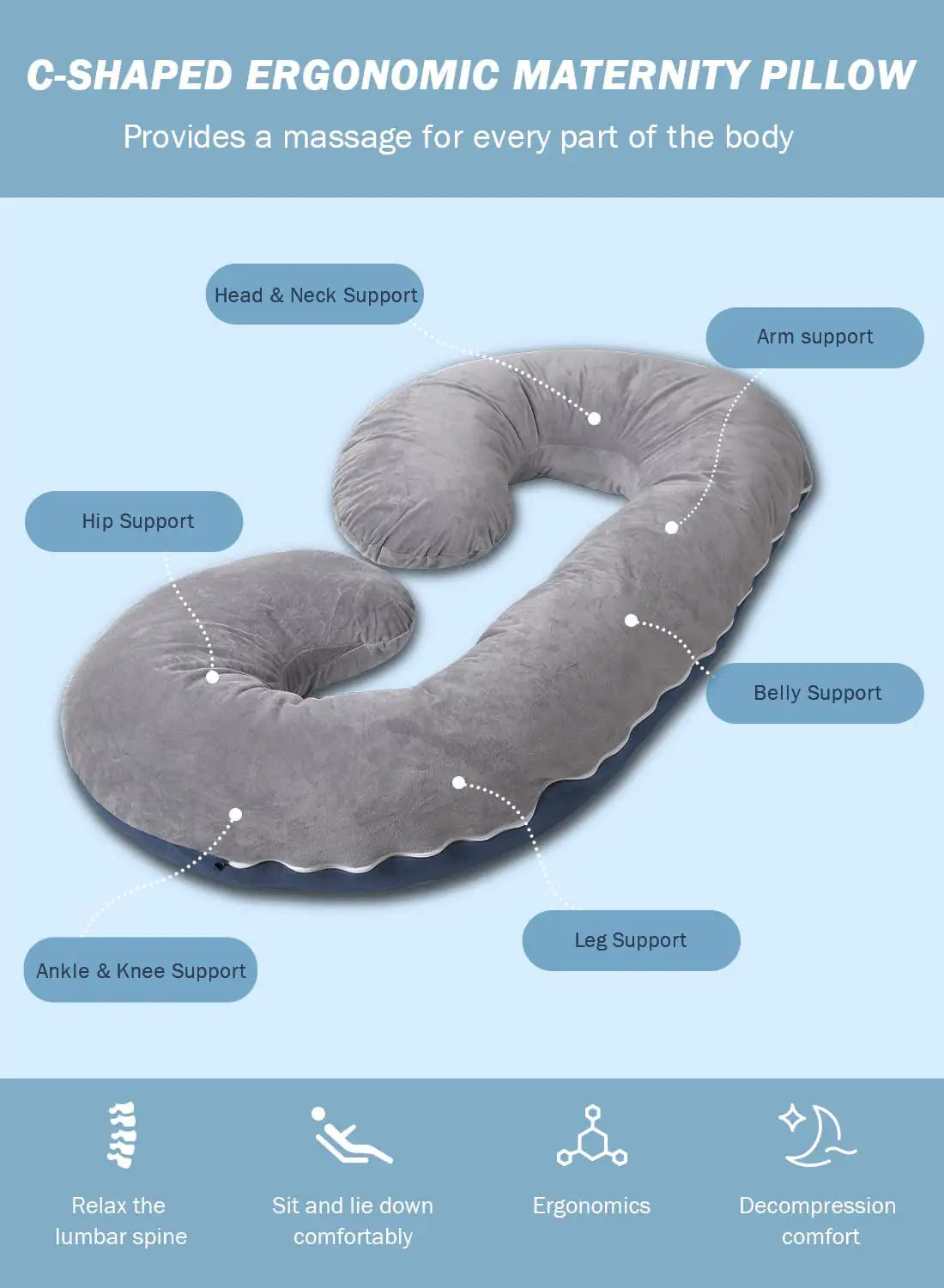 C-Shaped Body Pregnancy Support Comfort Pillow