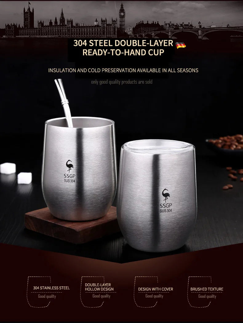 High Quality Food Grade 304 Stainless Steel Water Cup Mug Office Small Coffee Tea Beverage Drink Container Anti-Fall, Non Slip, with Lid Cover Double-Layer Anti-Scald Handy