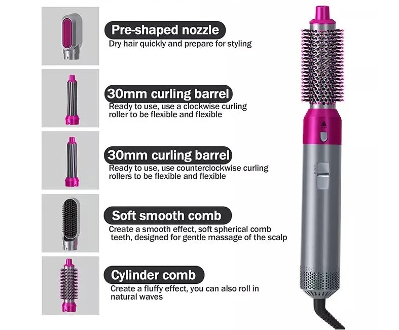 Premium Quality Ultra Feminine Pink and Silver New Hair Dryer: 5-in-1 Dryer Brush Comb Curler Set Upgraded Version